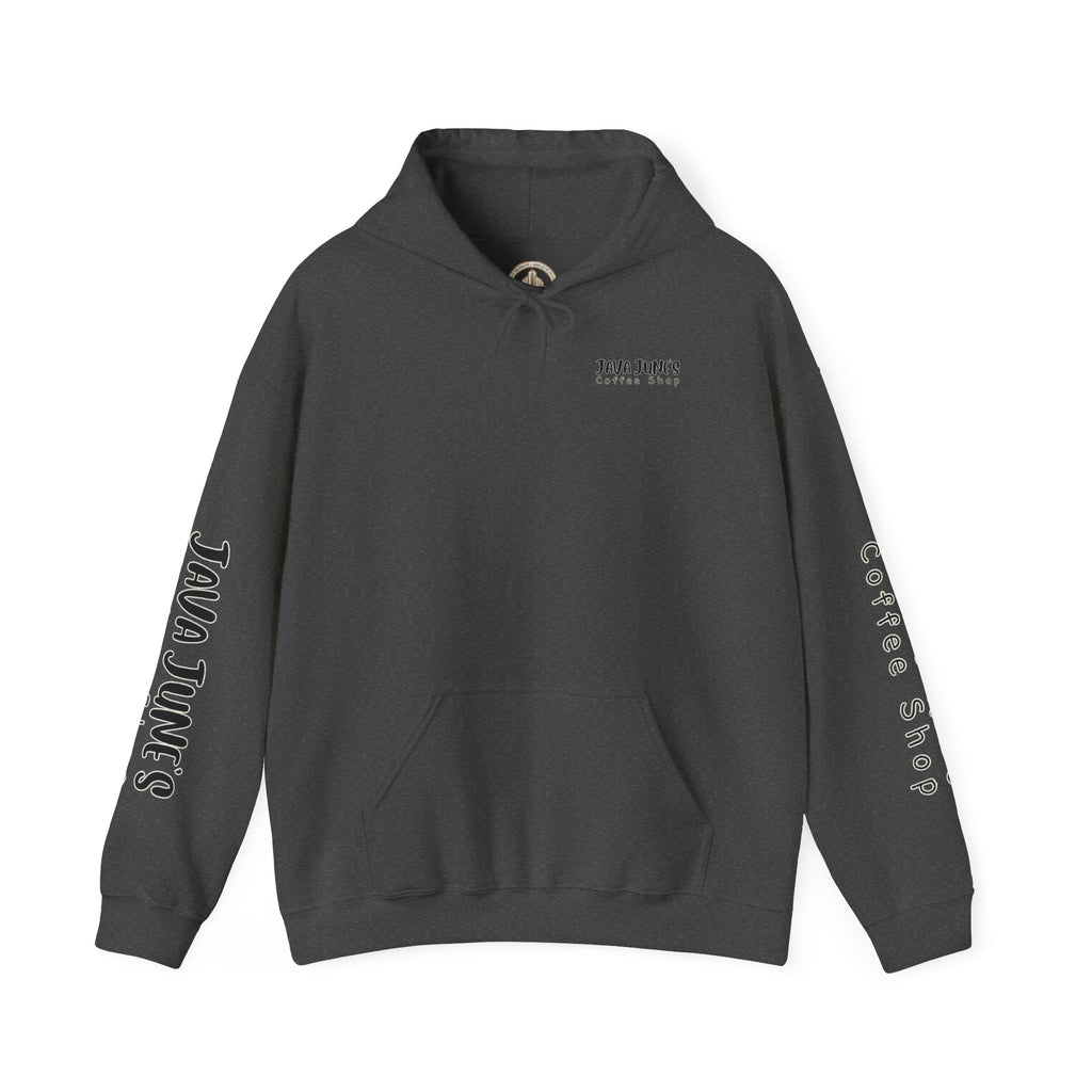 Java June's Coffee Shop Hoodie — White Logo Pullover with Back Cup Design
