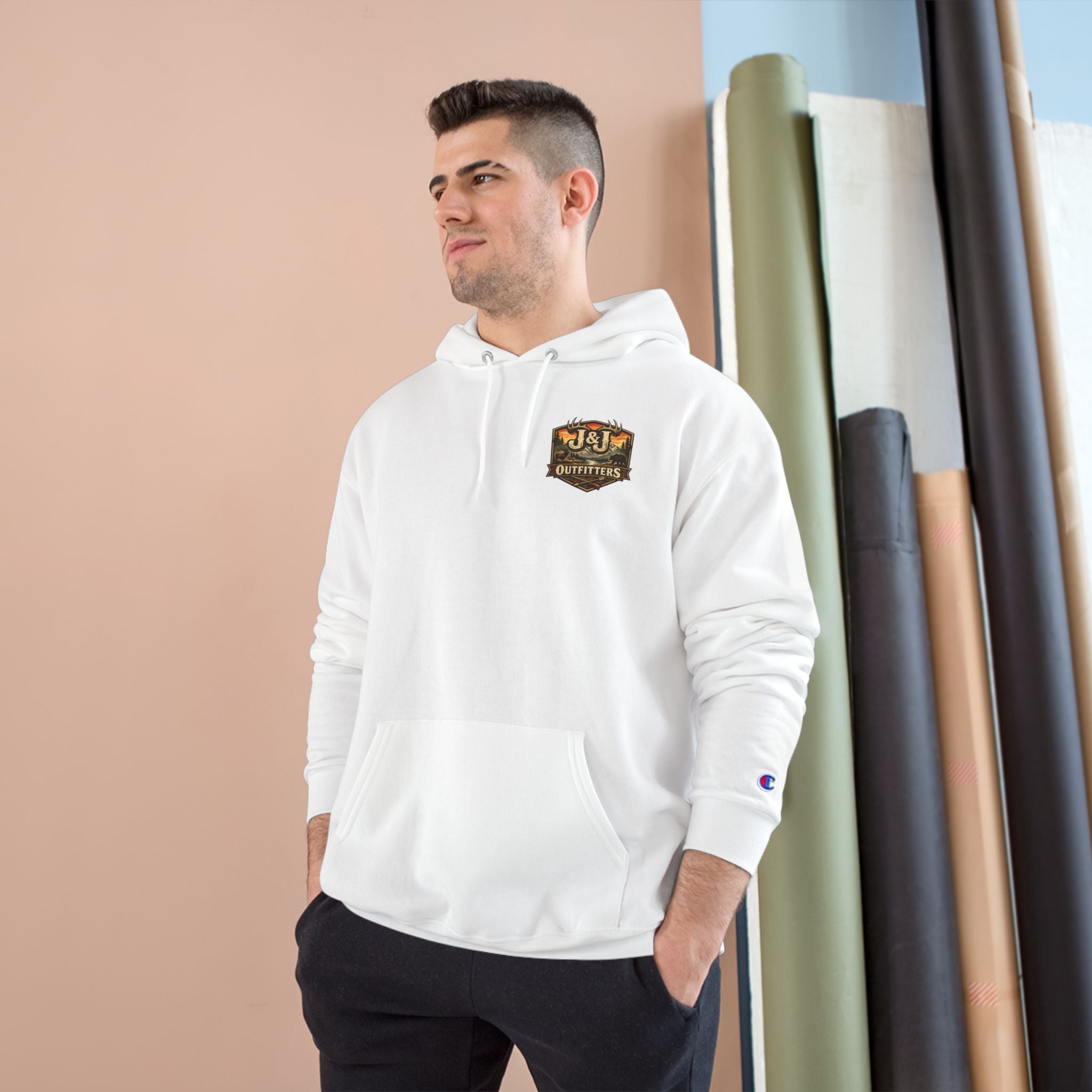 J&J Outfitters Champion Hoodie — Vintage Outdoor Fishing Logo Pullover