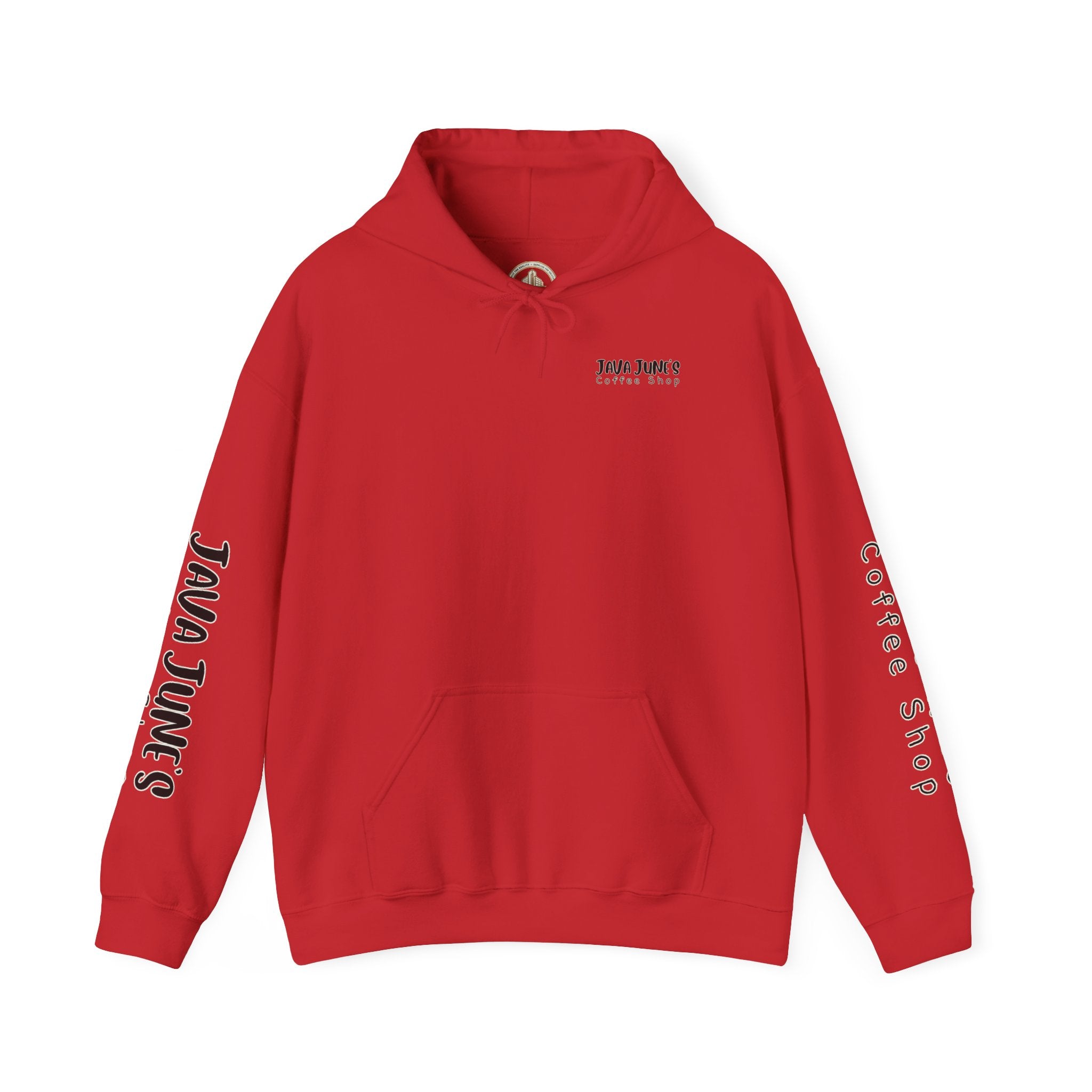 Java June's Coffee Shop Hoodie — White Logo Pullover with Back Cup Design