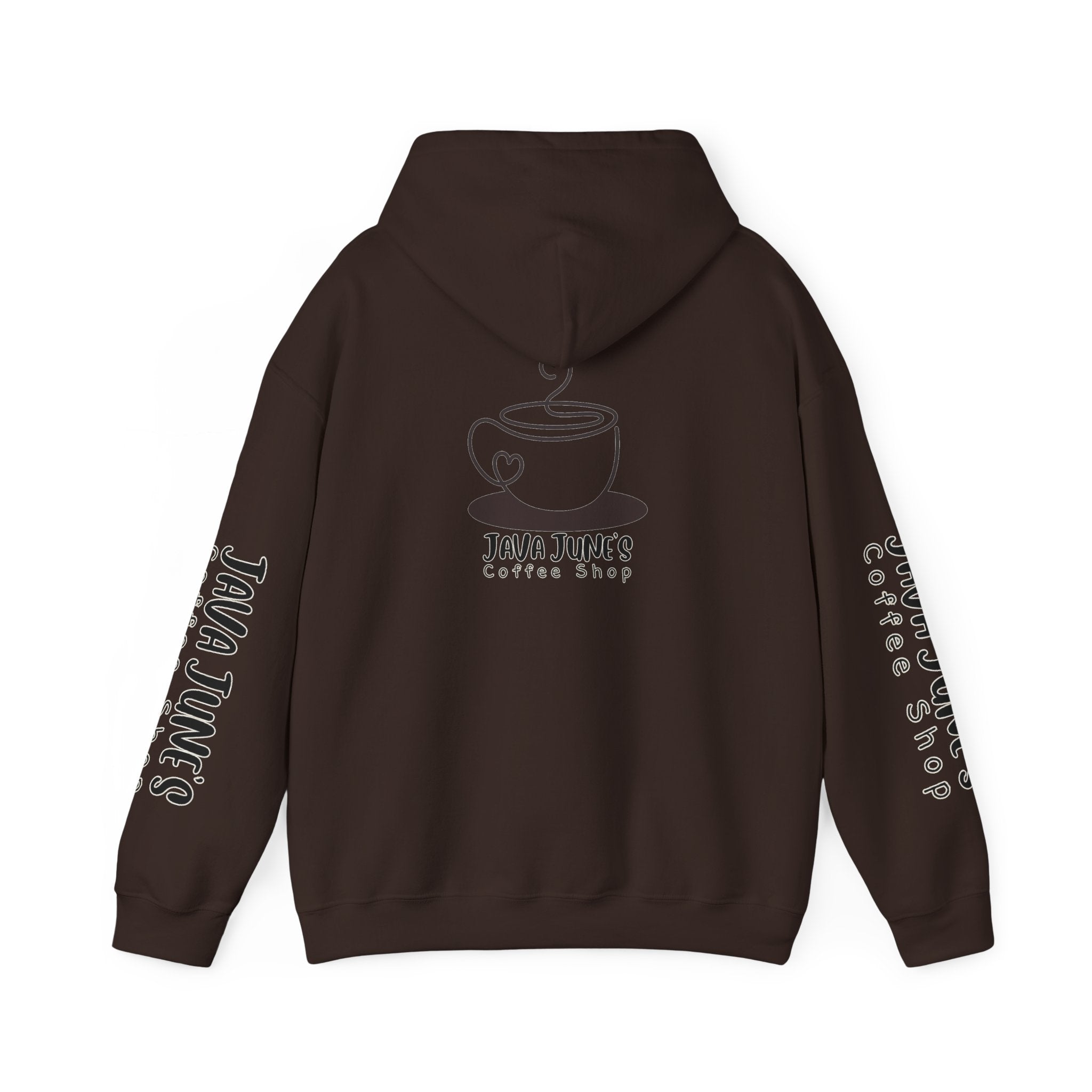 Java June's Coffee Shop Hoodie — White Logo Pullover with Back Cup Design