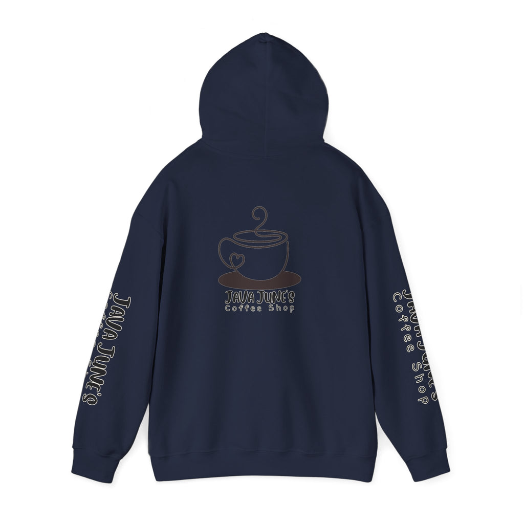Java June's Coffee Shop Hoodie — White Logo Pullover with Back Cup Design