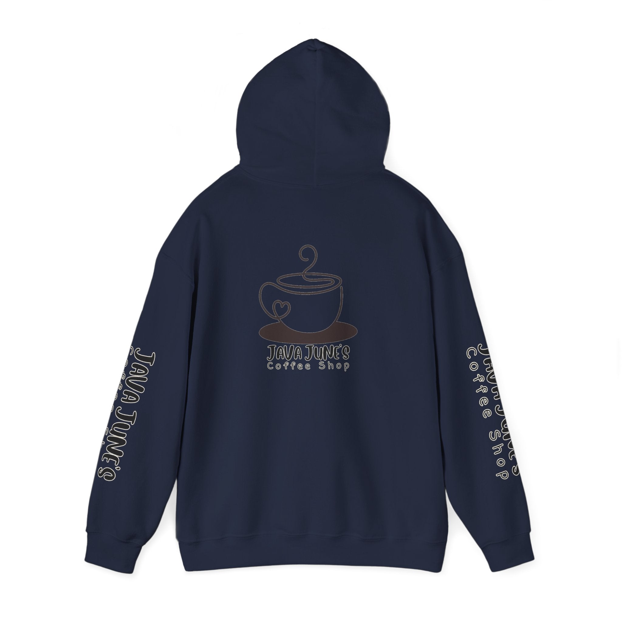 Java June's Coffee Shop Hoodie — White Logo Pullover with Back Cup Design