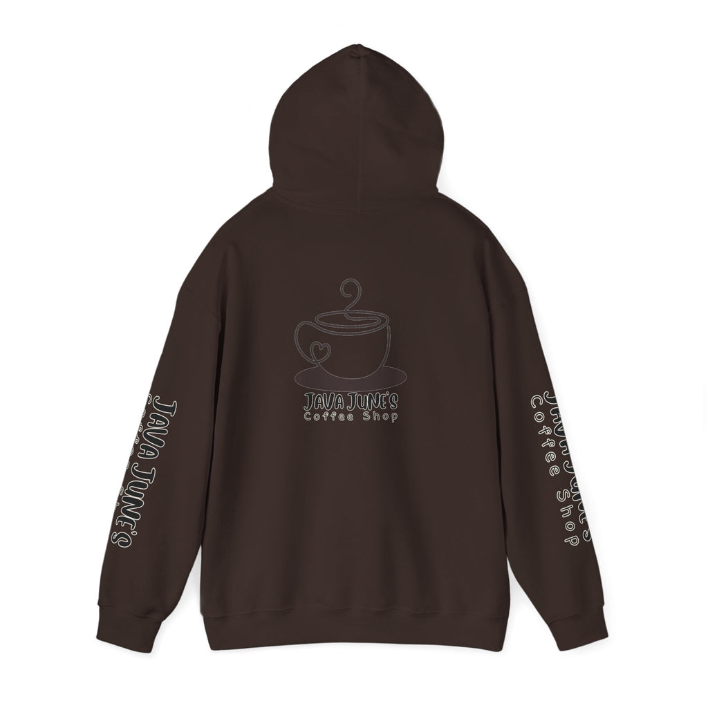 Java June's Coffee Shop Hoodie — White Logo Pullover with Back Cup Design