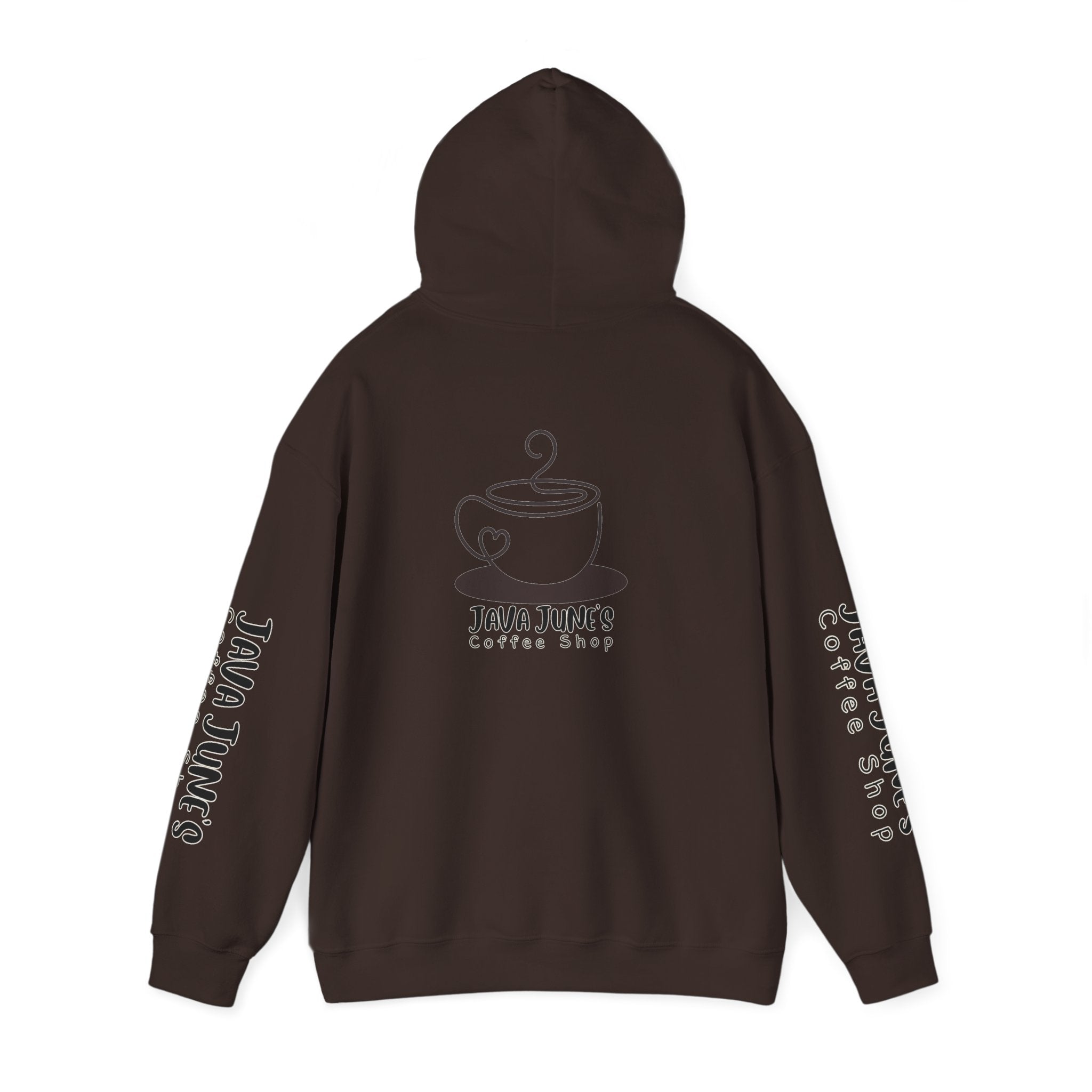 Java June's Coffee Shop Hoodie — White Logo Pullover with Back Cup Design