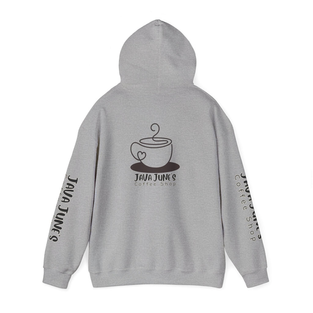 Java June's Coffee Shop Hoodie — White Logo Pullover with Back Cup Design