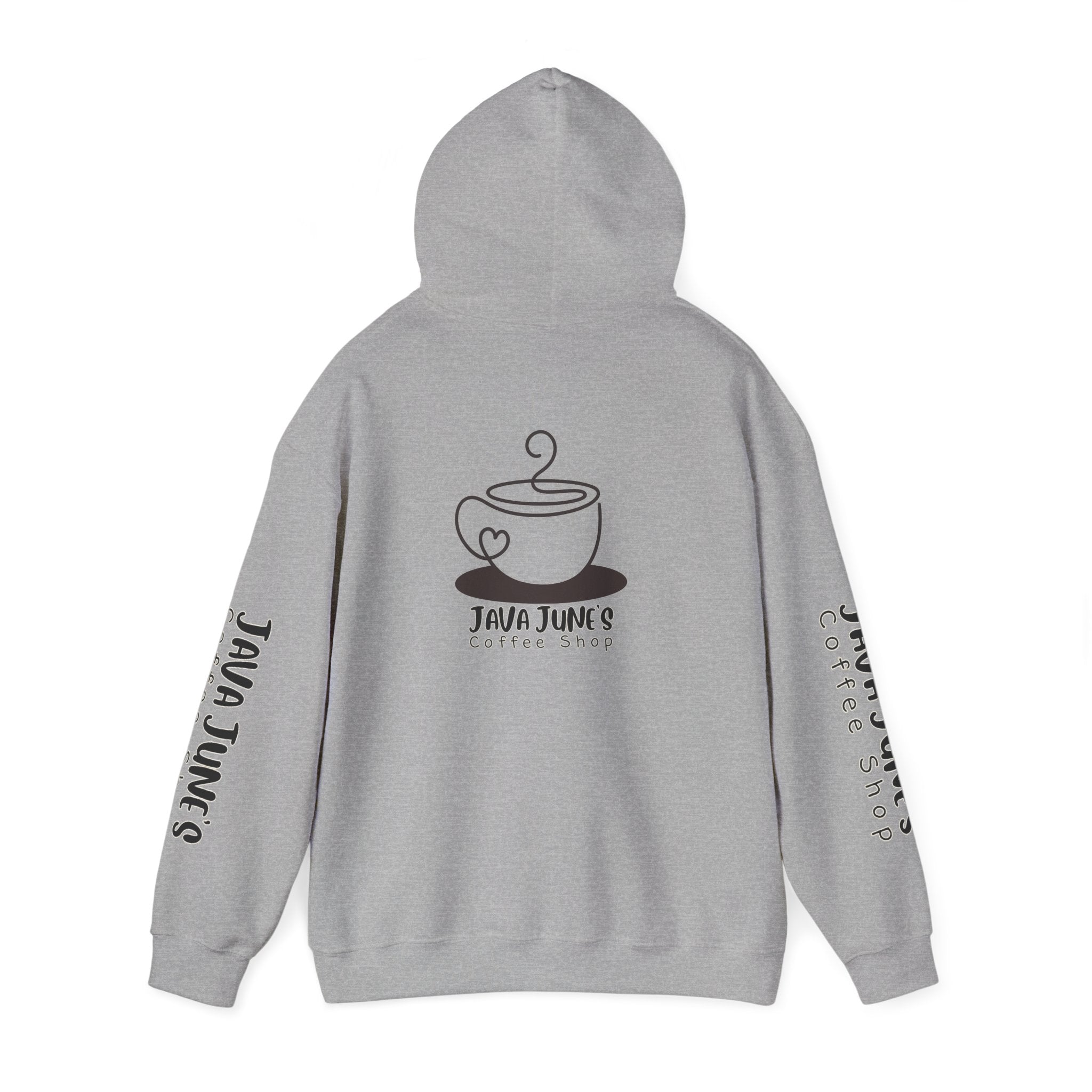 Java June's Coffee Shop Hoodie — White Logo Pullover with Back Cup Design
