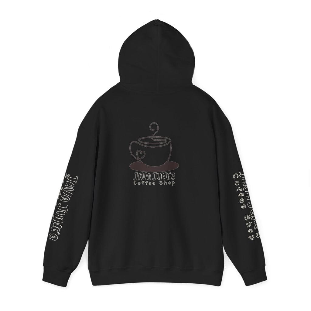Java June's Coffee Shop Hoodie — White Logo Pullover with Back Cup Design