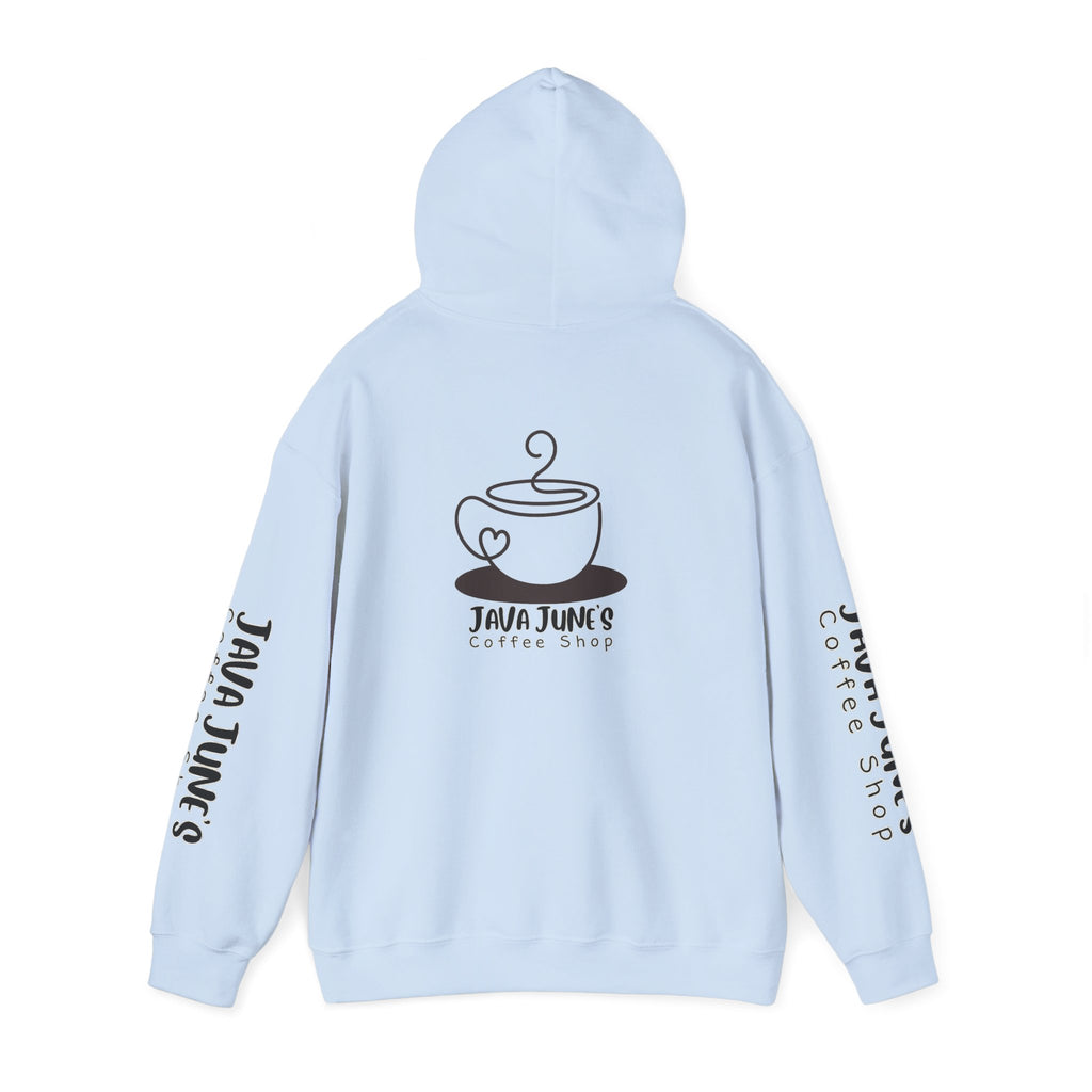 Java June's Coffee Shop Hoodie — White Logo Pullover with Back Cup Design