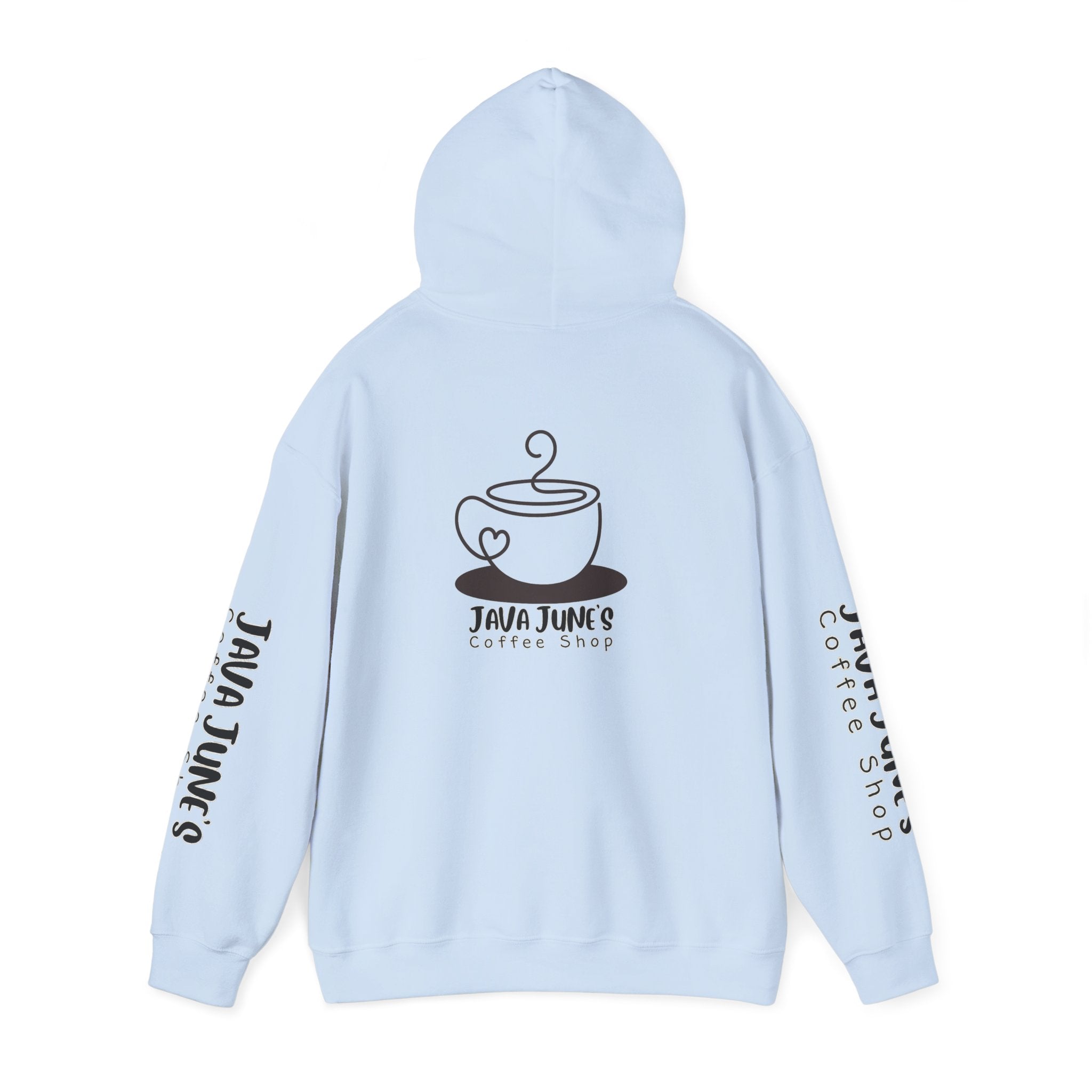 Java June's Coffee Shop Hoodie — White Logo Pullover with Back Cup Design