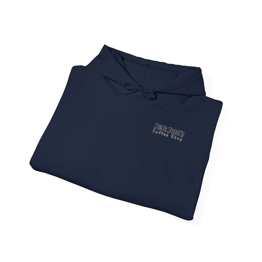 Java June's Coffee Shop Hoodie — White Logo Pullover with Back Cup Design