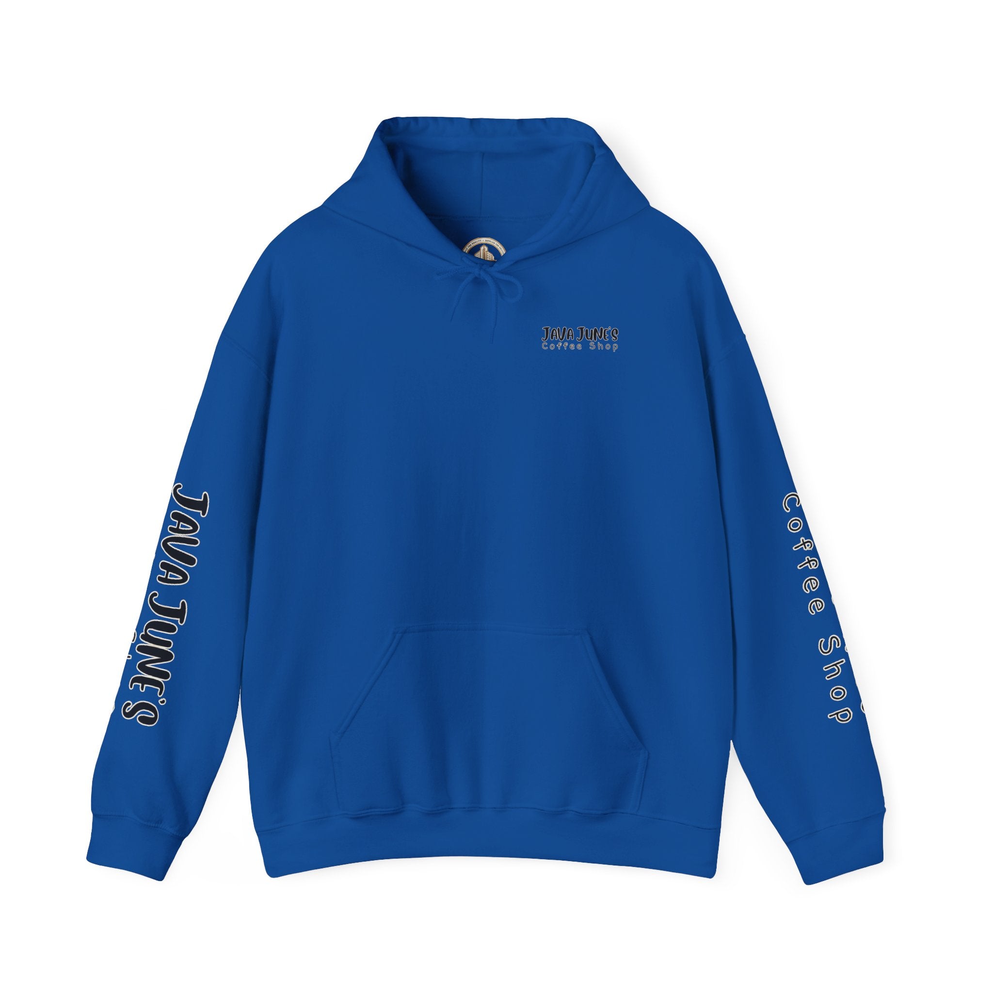 Java June's Coffee Shop Hoodie — White Logo Pullover with Back Cup Design