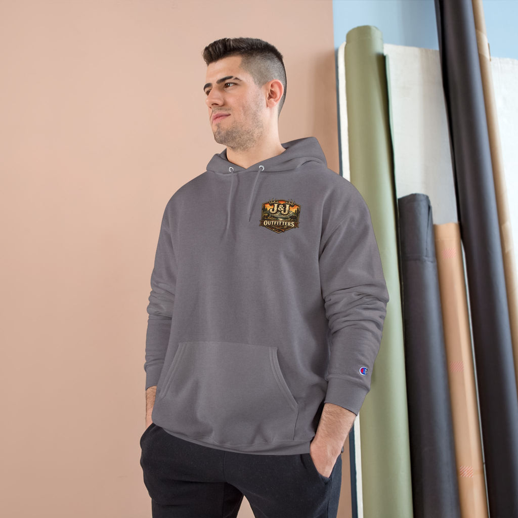 J&J Outfitters Champion Hoodie — Vintage Outdoor Fishing Logo Pullover