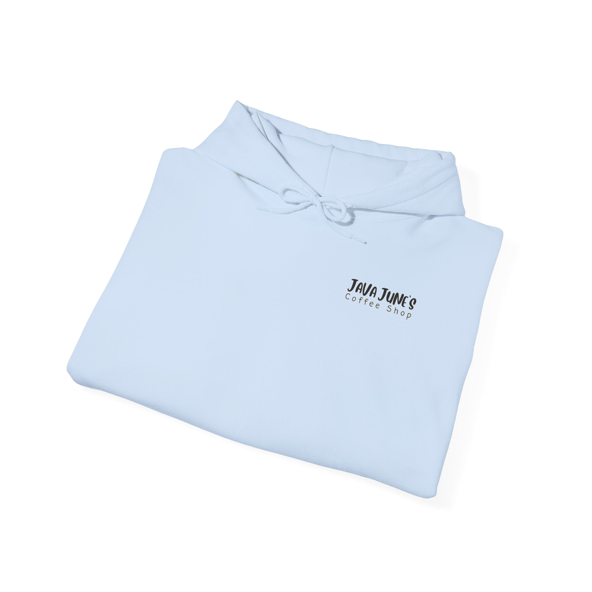 Java June's Coffee Shop Hoodie — White Logo Pullover with Back Cup Design