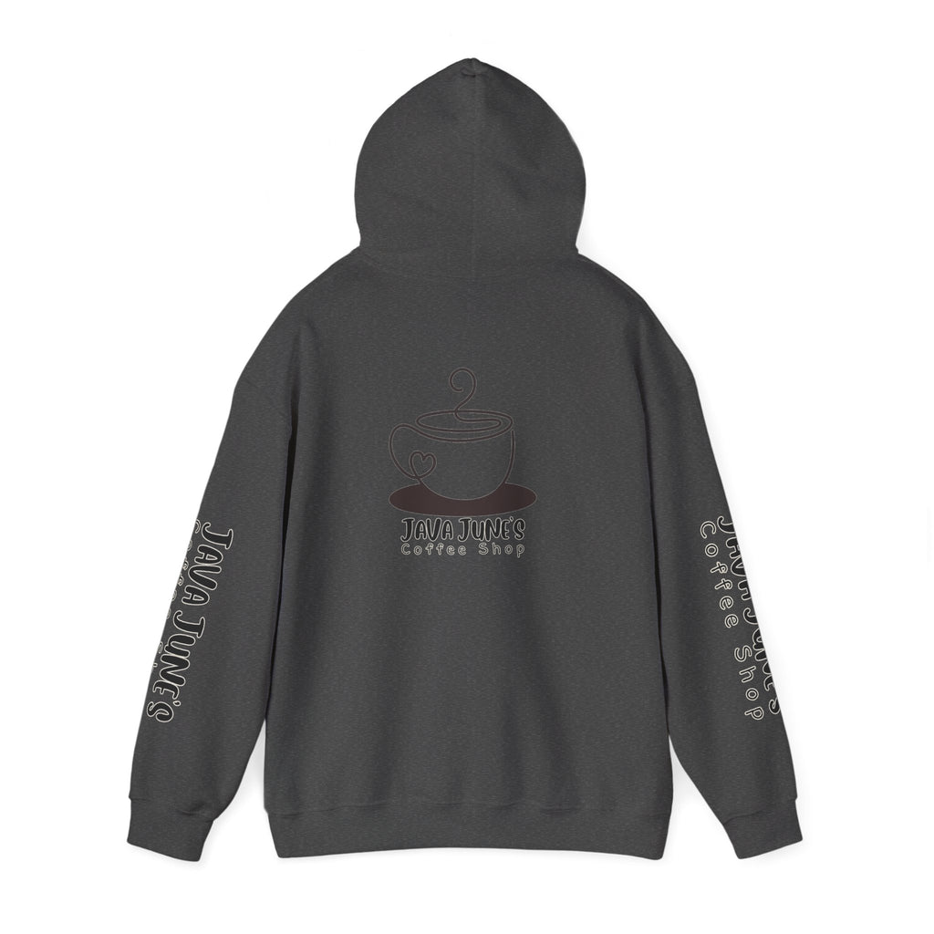 Java June's Coffee Shop Hoodie — White Logo Pullover with Back Cup Design