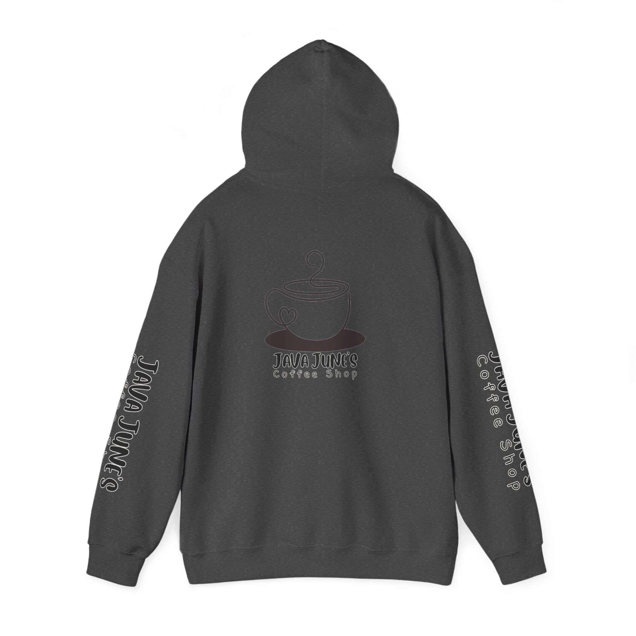 Java June's Coffee Shop Hoodie — White Logo Pullover with Back Cup Design