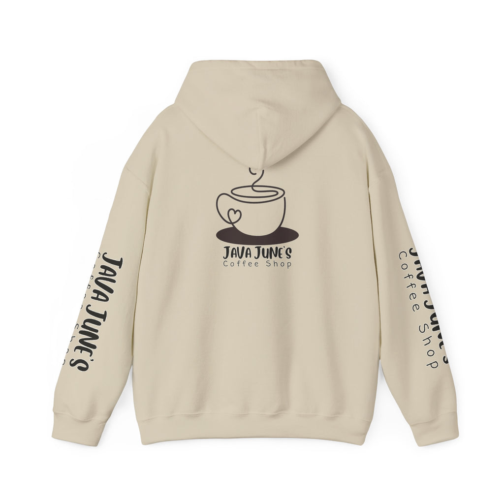 Java June's Coffee Shop Hoodie — White Logo Pullover with Back Cup Design