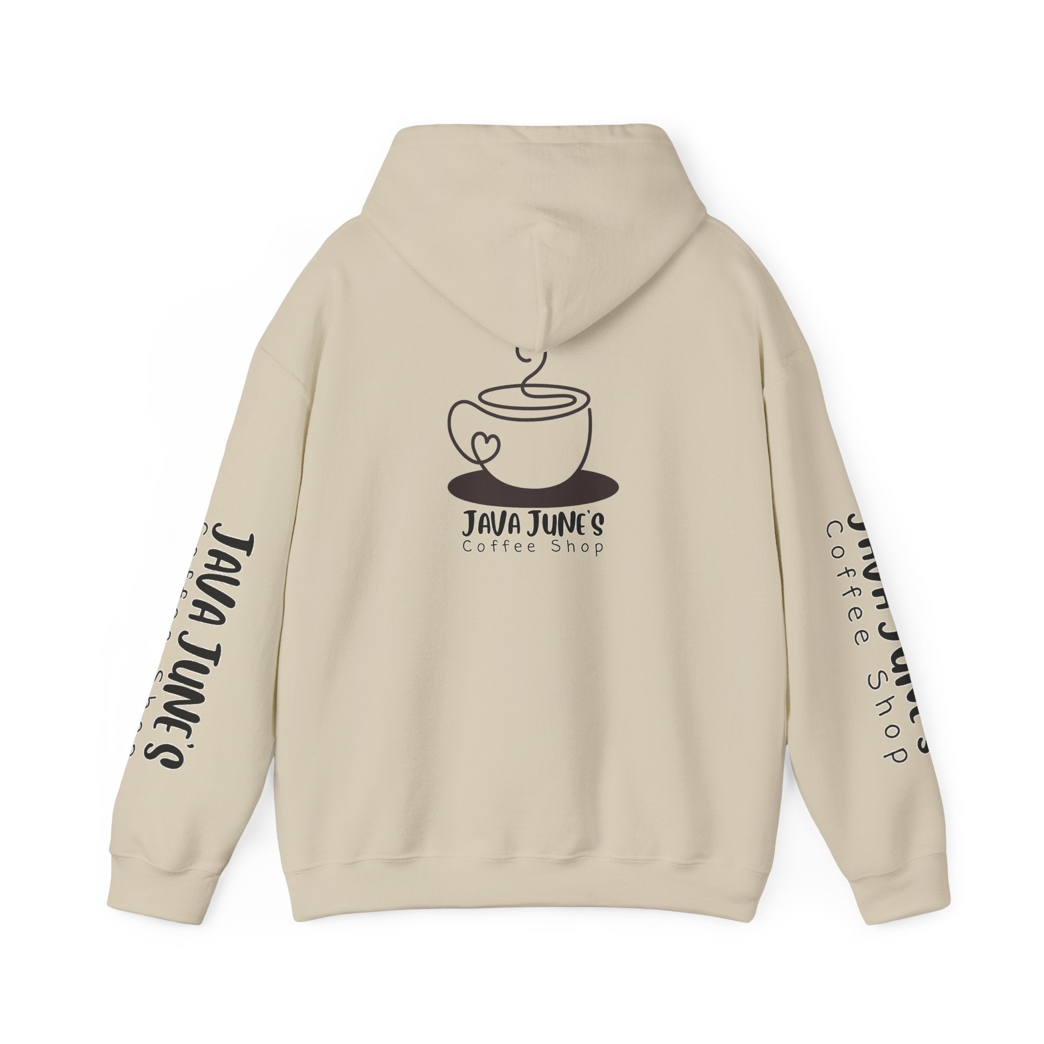 Java June's Coffee Shop Hoodie — White Logo Pullover with Back Cup Design