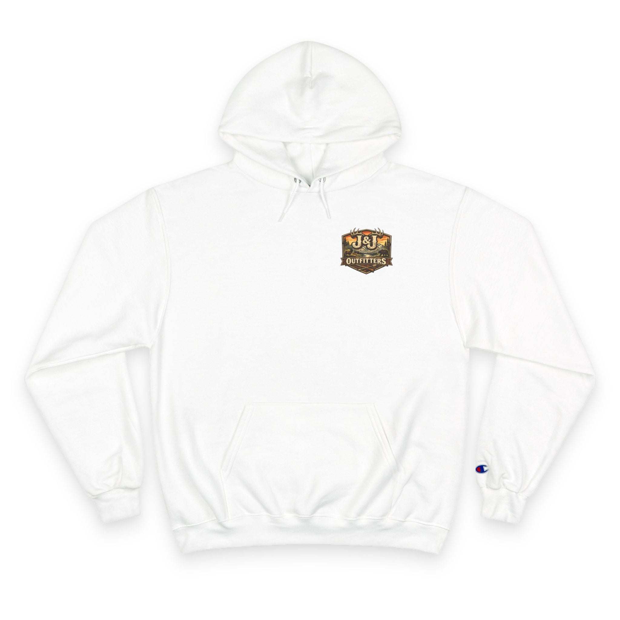 J&J Outfitters Champion Hoodie — Vintage Outdoor Fishing Logo Pullover