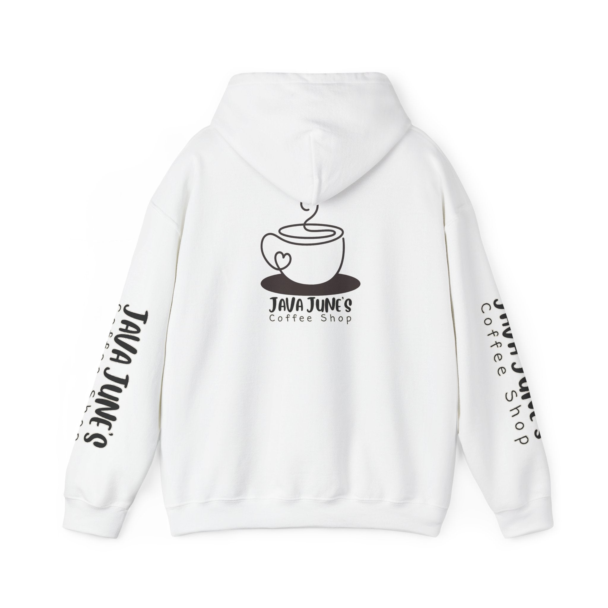 Java June's Coffee Shop Hoodie — White Logo Pullover with Back Cup Design
