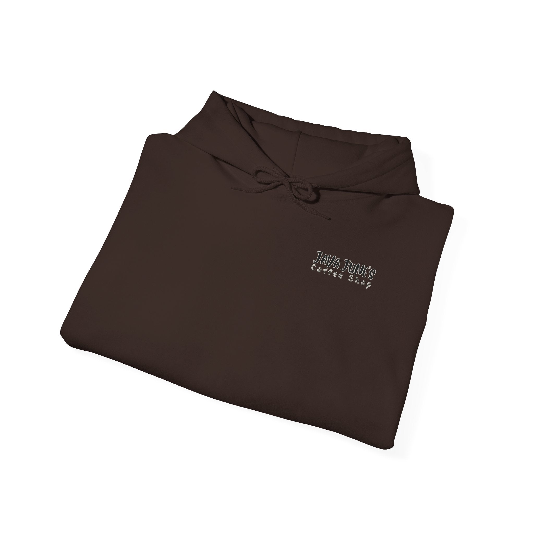 Java June's Coffee Shop Hoodie — White Logo Pullover with Back Cup Design