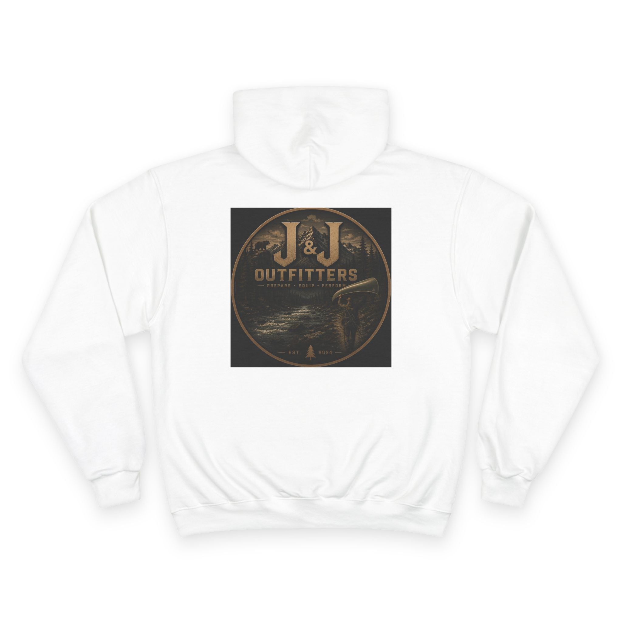 J&J Outfitters Champion Hoodie — Vintage Outdoor Fishing Logo Pullover
