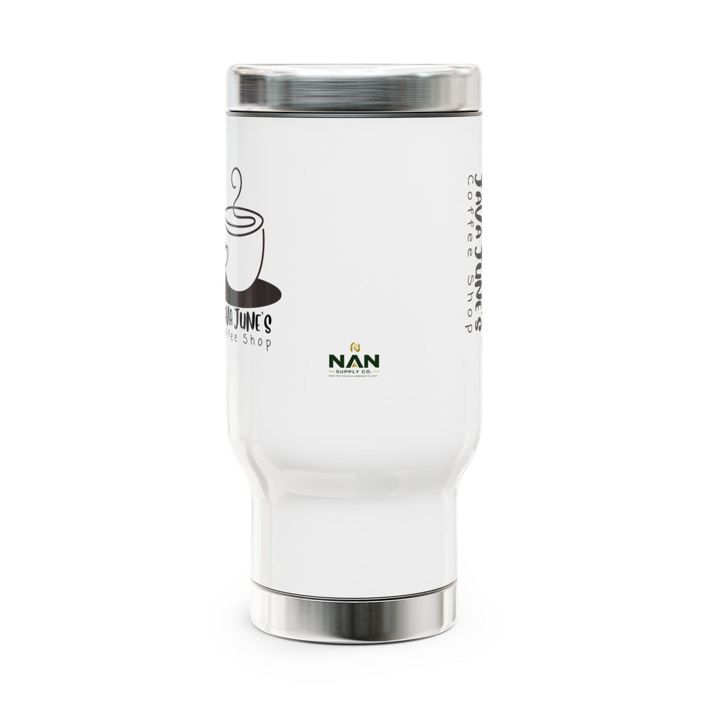 Coffee Shop Travel Mug — "Java June's Coffee Shop" 14oz Stainless Steel Travel Mug with Handle