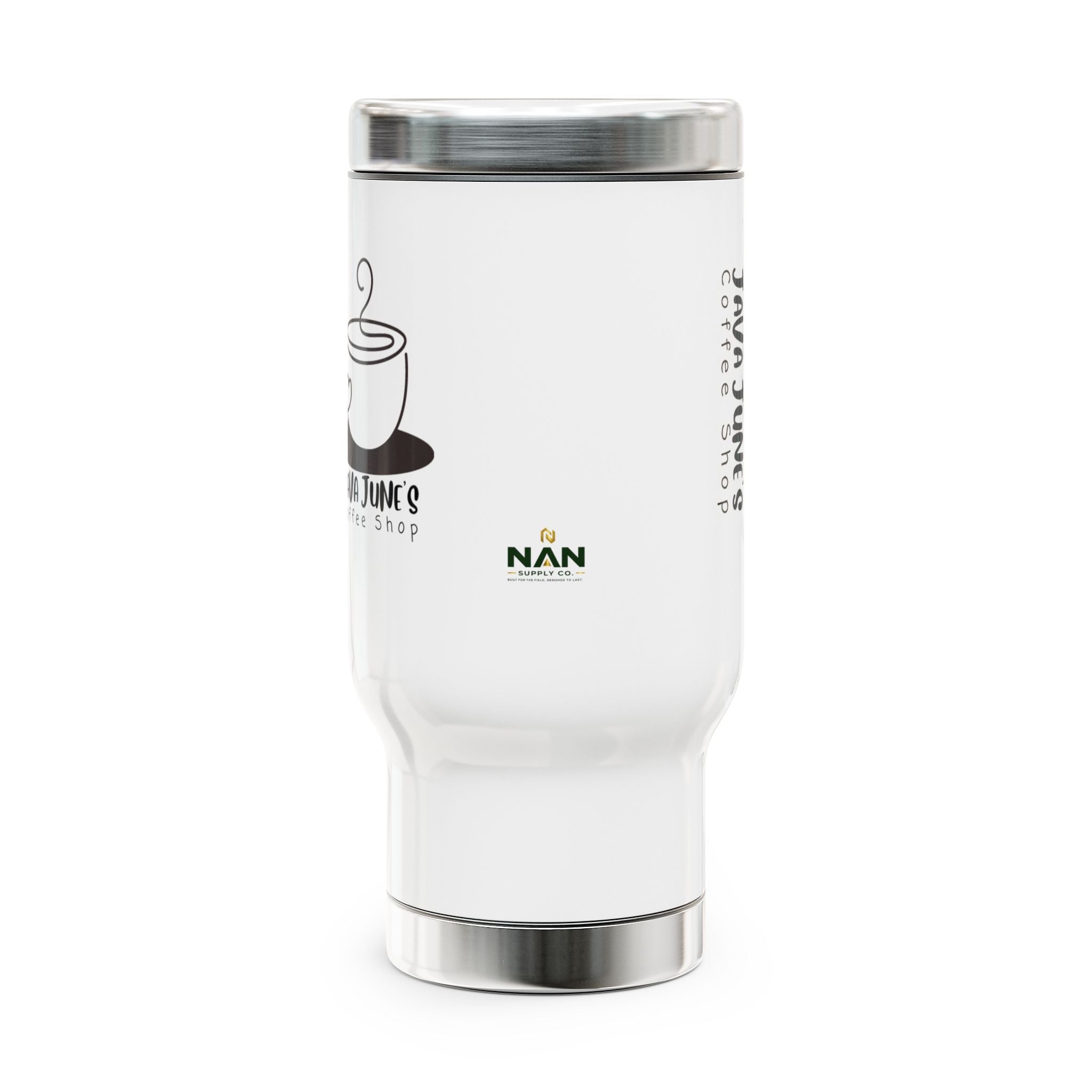 Coffee Shop Travel Mug — "Java June's Coffee Shop" 14oz Stainless Steel Travel Mug with Handle