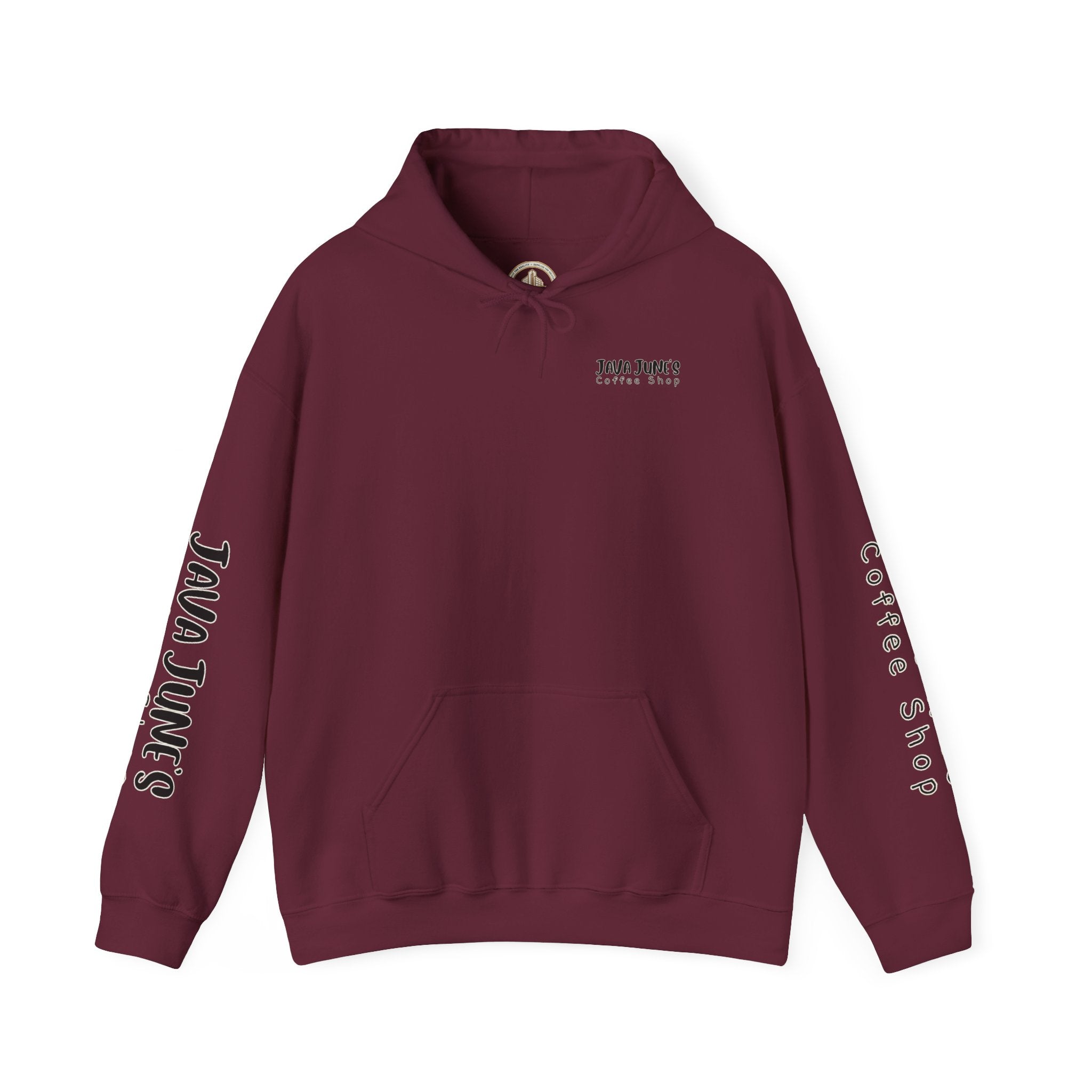 Java June's Coffee Shop Hoodie — White Logo Pullover with Back Cup Design