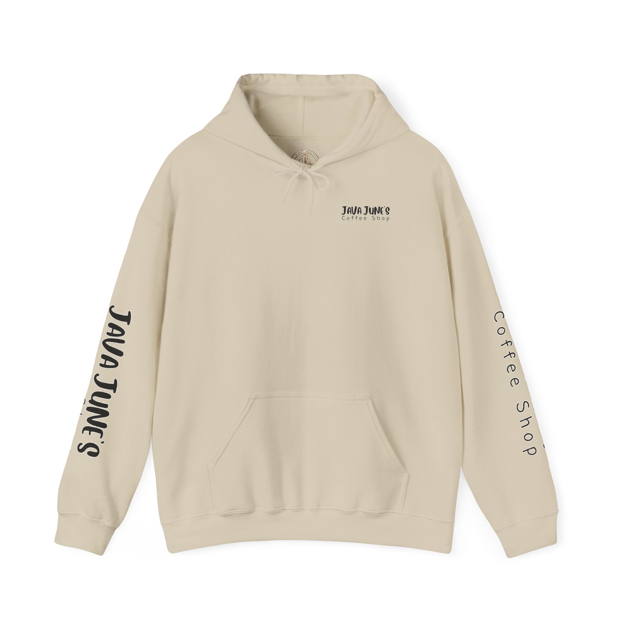 Java June's Coffee Shop Hoodie — White Logo Pullover with Back Cup Design