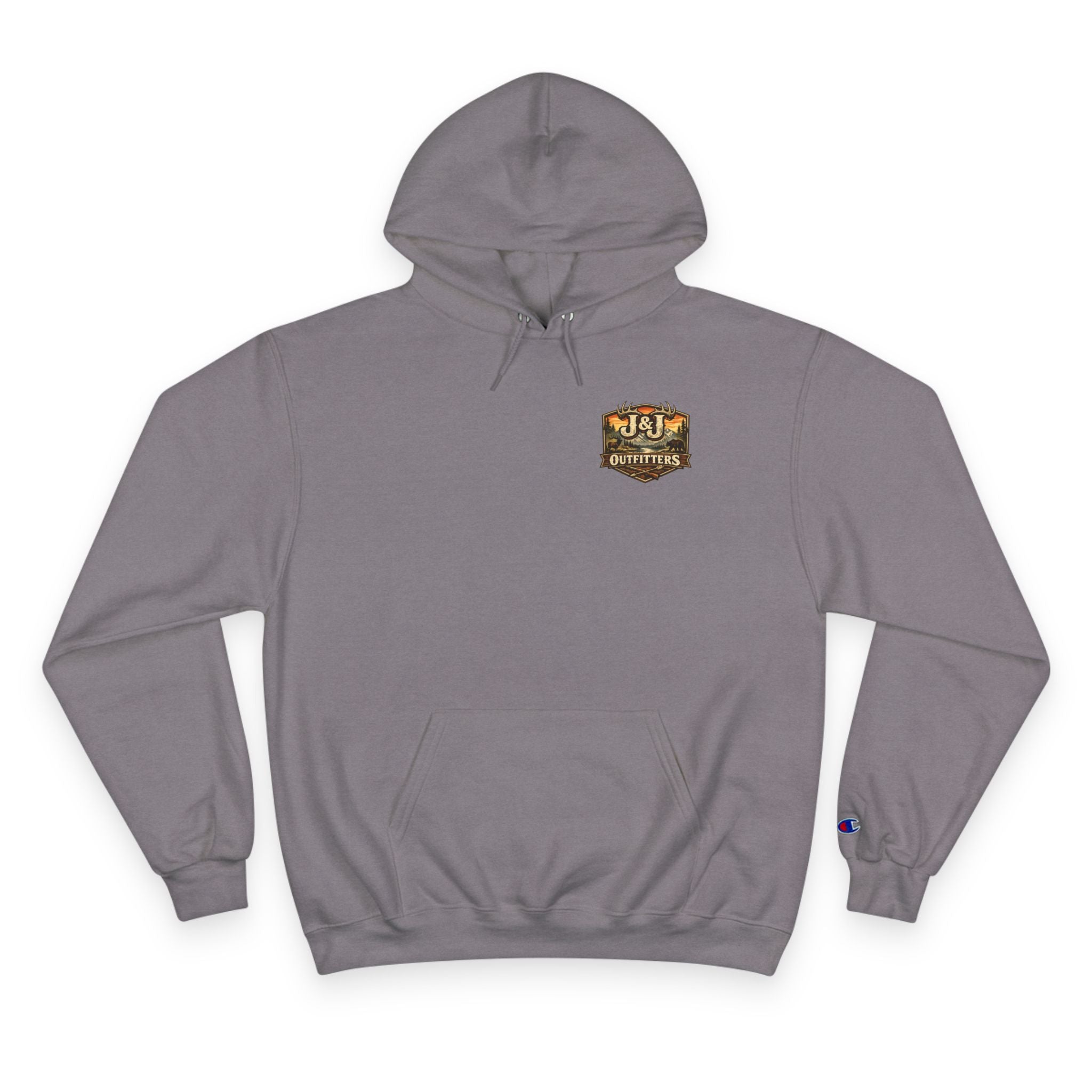 J&J Outfitters Champion Hoodie — Vintage Outdoor Fishing Logo Pullover