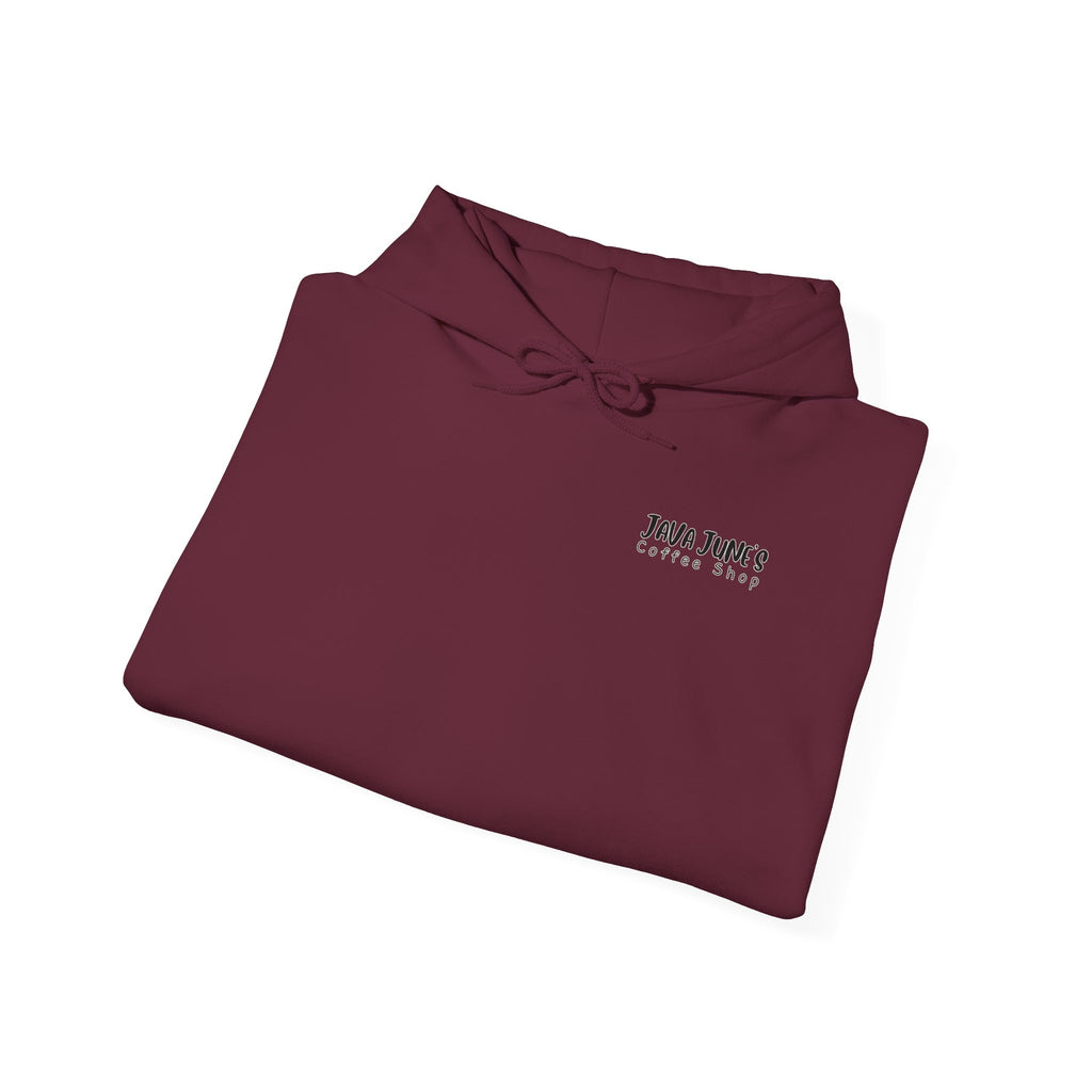 Java June's Coffee Shop Hoodie — White Logo Pullover with Back Cup Design