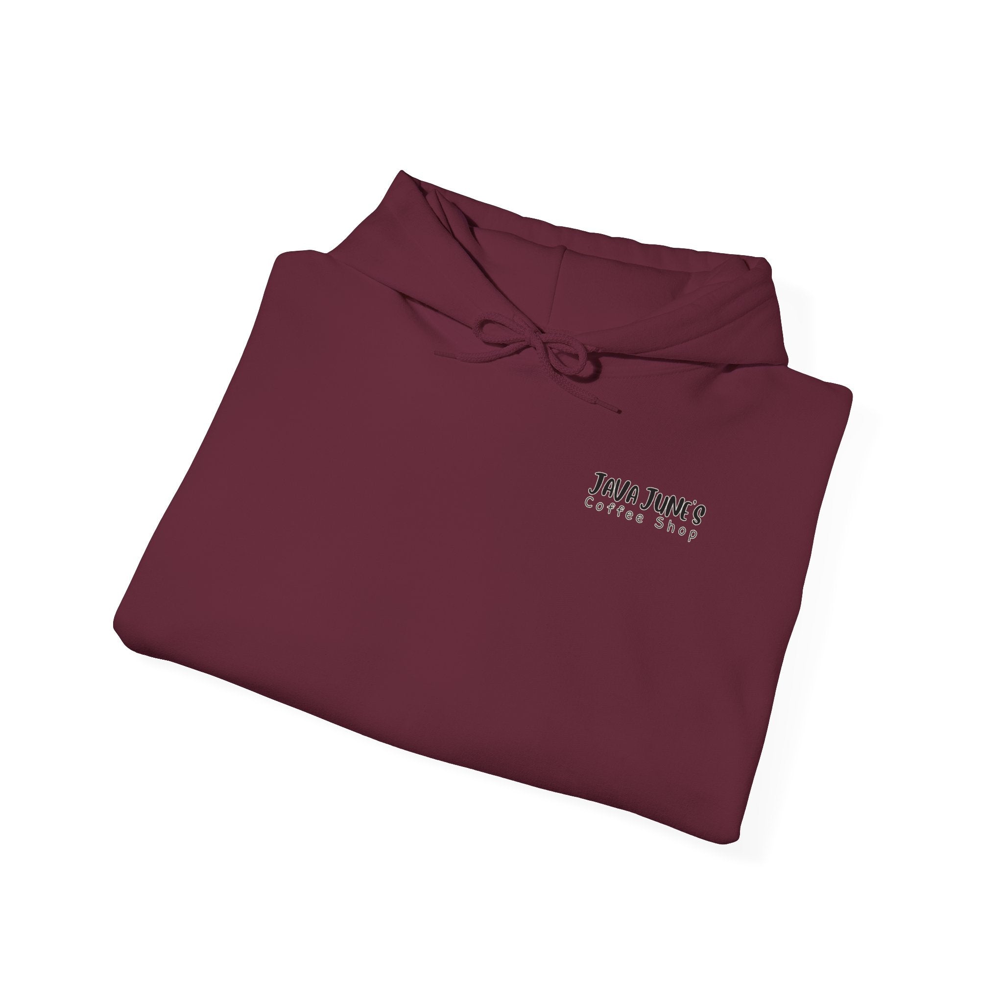 Java June's Coffee Shop Hoodie — White Logo Pullover with Back Cup Design