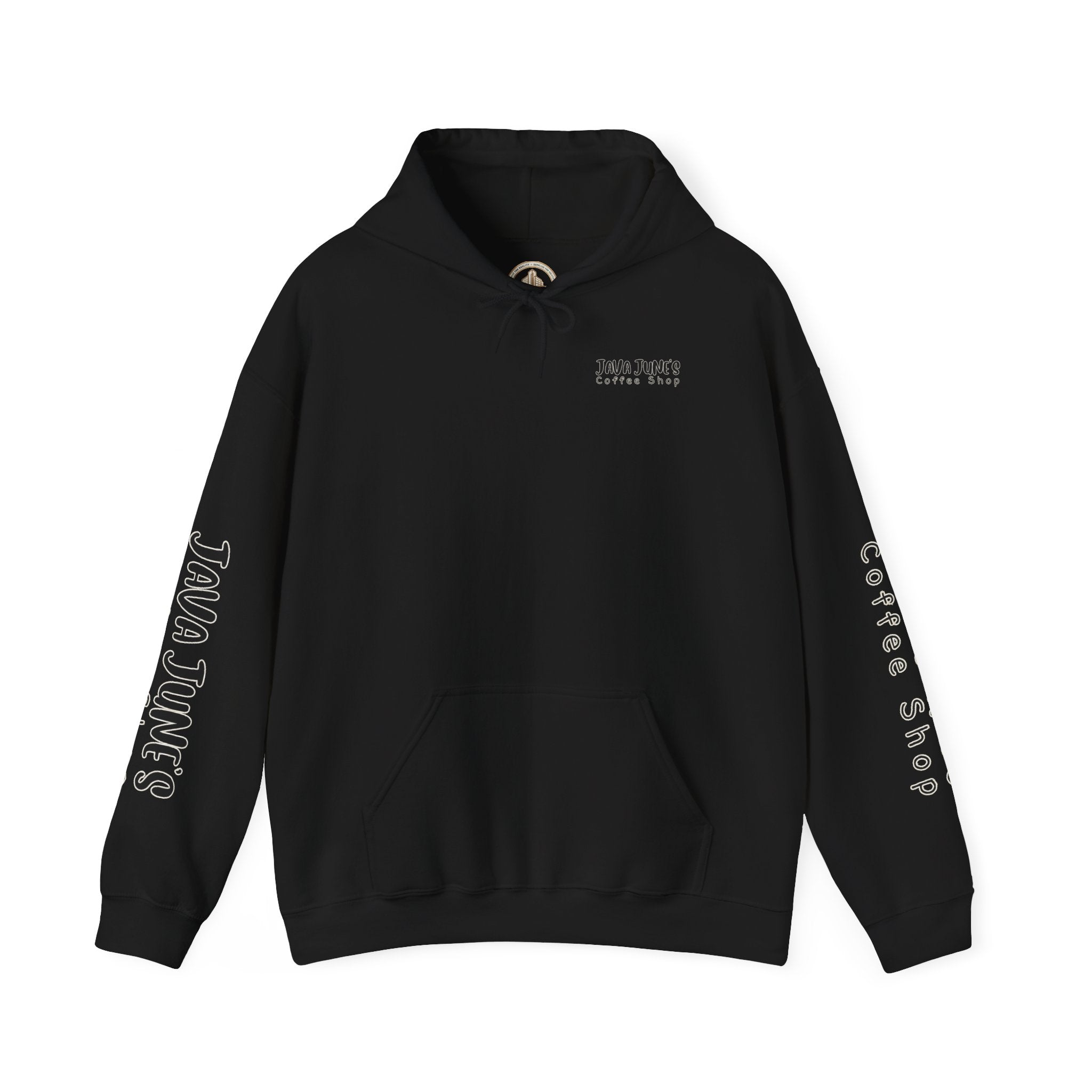 Java June's Coffee Shop Hoodie — White Logo Pullover with Back Cup Design