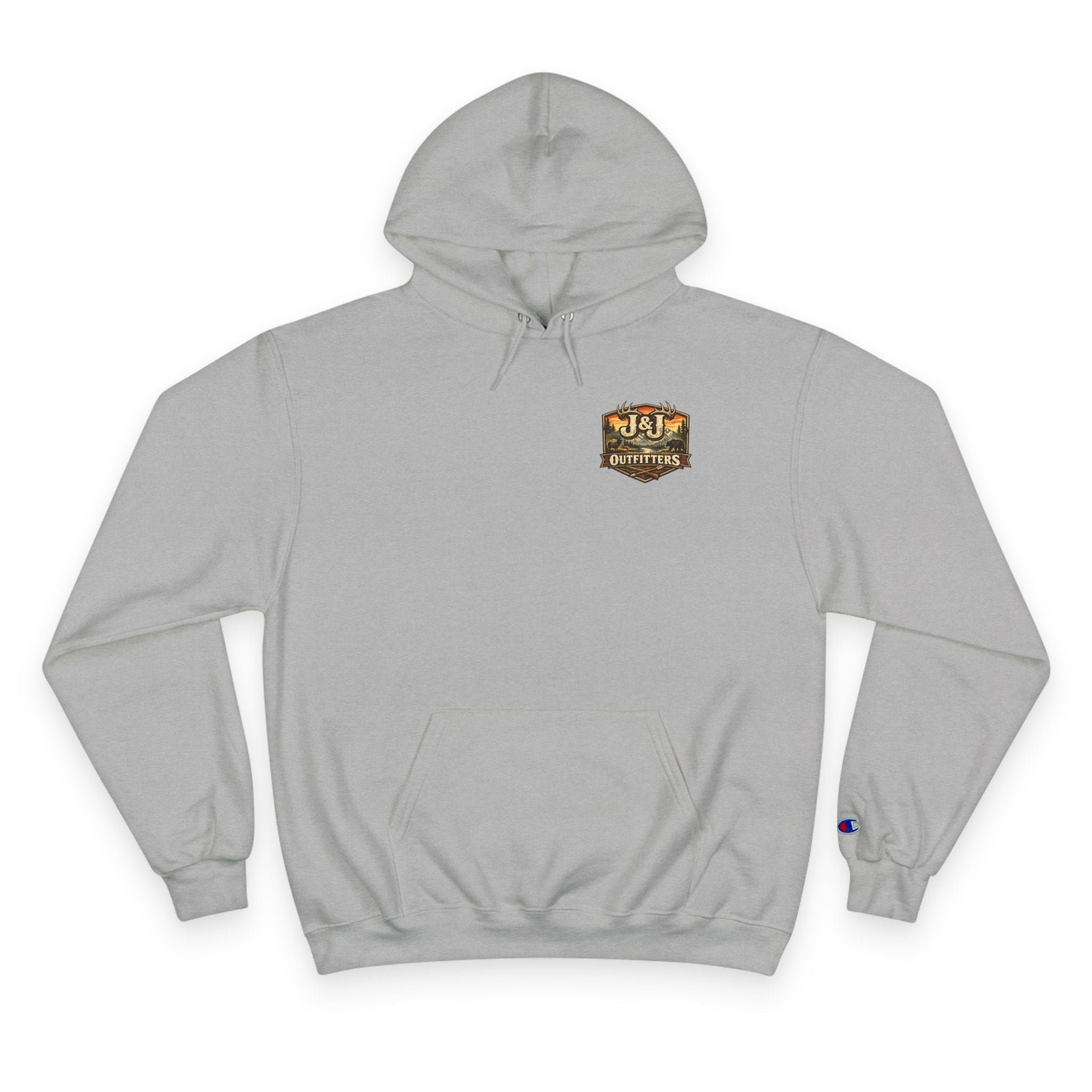 J&J Outfitters Champion Hoodie — Vintage Outdoor Fishing Logo Pullover