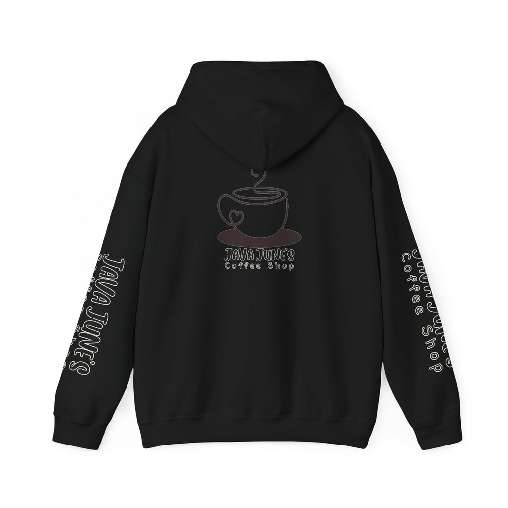 Java June's Coffee Shop Hoodie — White Logo Pullover with Back Cup Design