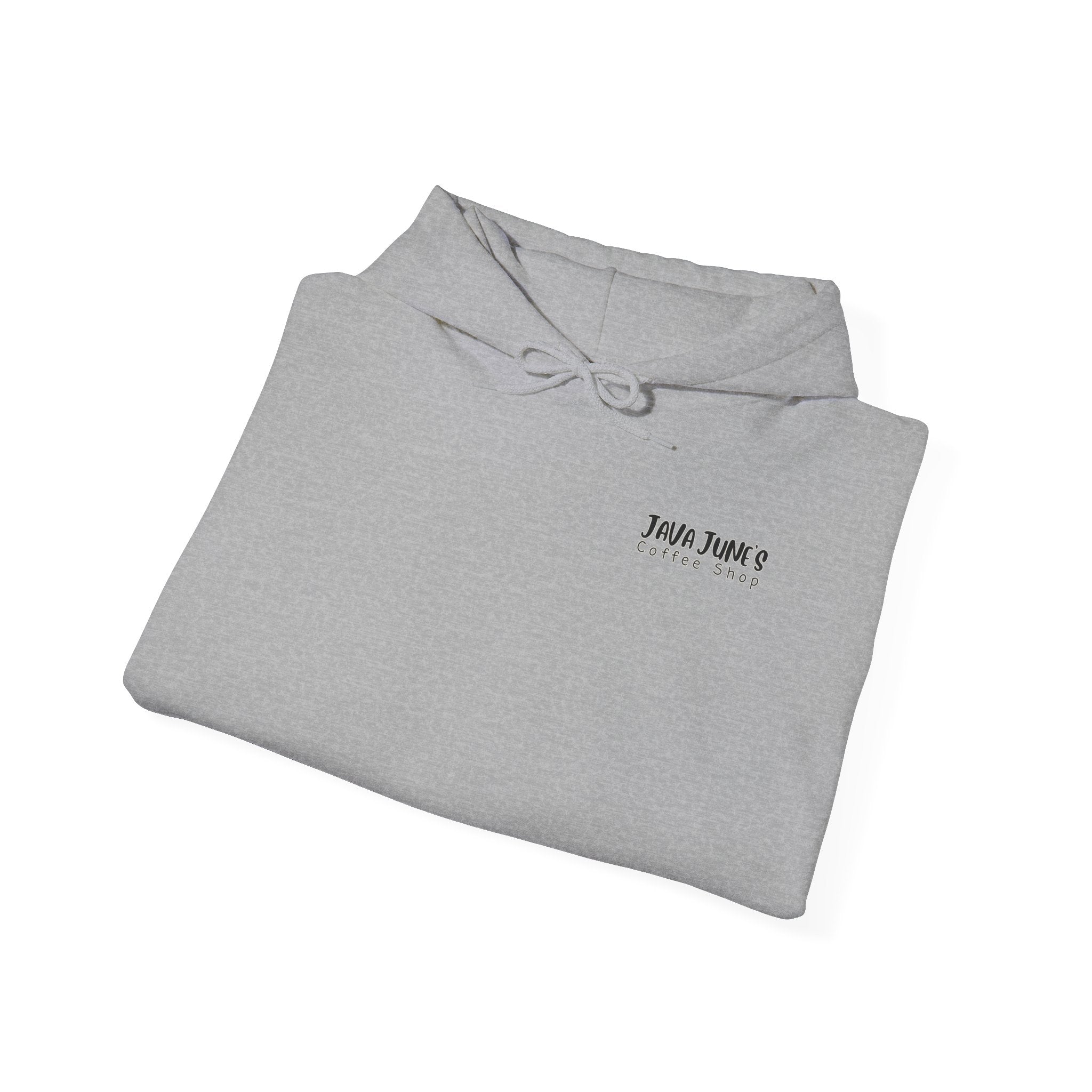 Java June's Coffee Shop Hoodie — White Logo Pullover with Back Cup Design