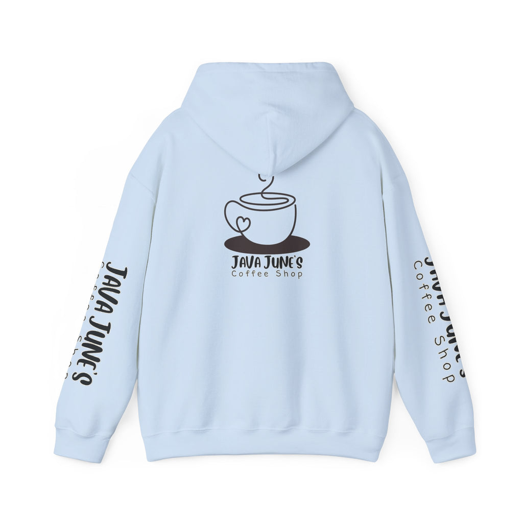 Java June's Coffee Shop Hoodie — White Logo Pullover with Back Cup Design