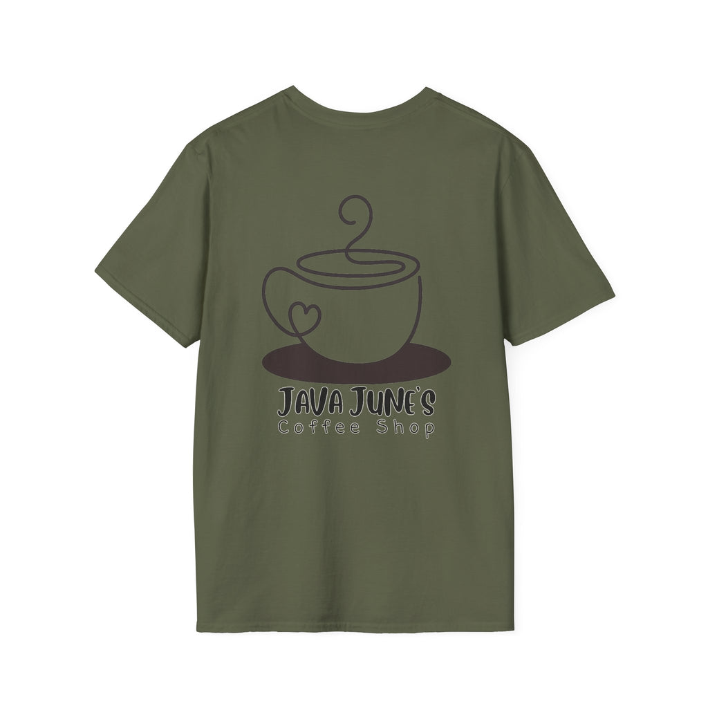 Coffee Shop Logo T-Shirt — "Java June's Coffee Shop" Minimal Chest Print