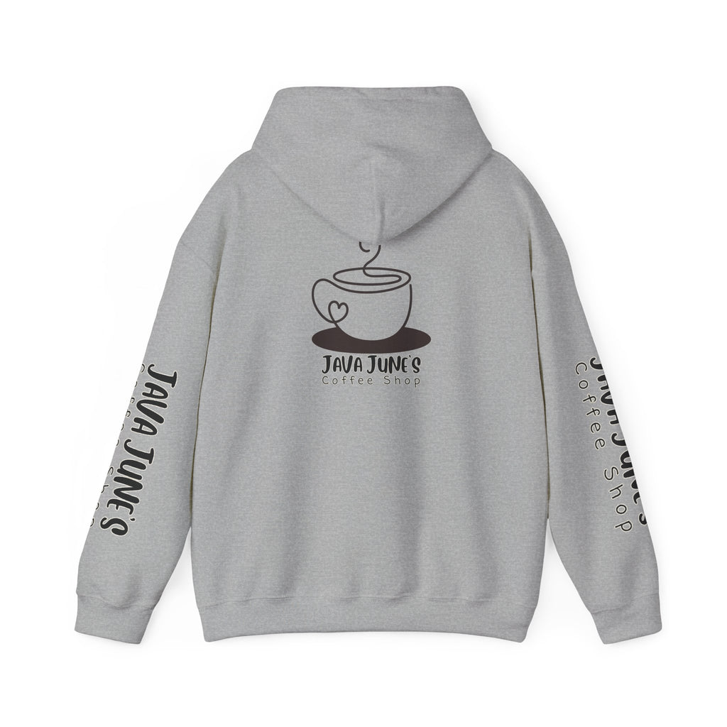 Java June's Coffee Shop Hoodie — White Logo Pullover with Back Cup Design