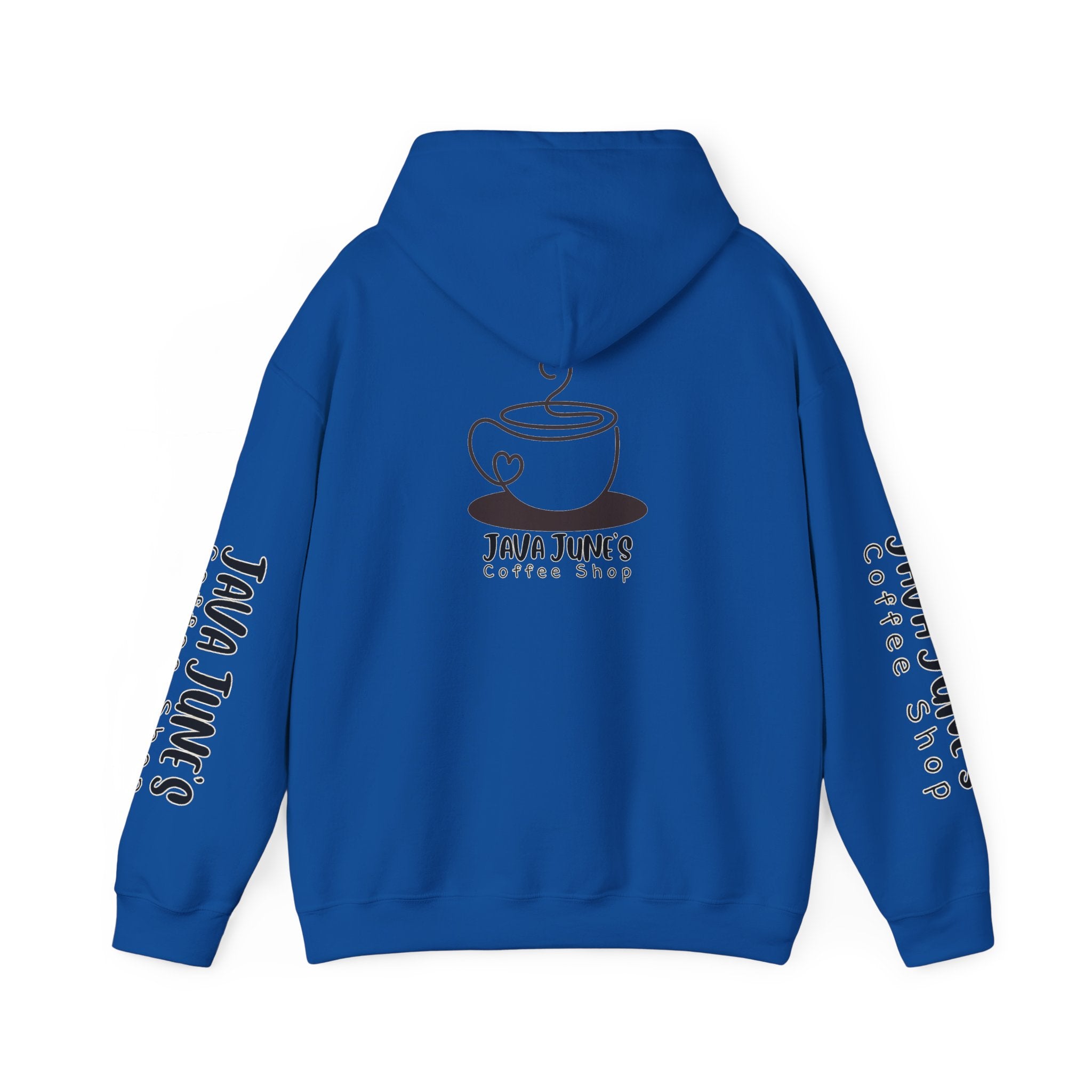 Java June's Coffee Shop Hoodie — White Logo Pullover with Back Cup Design
