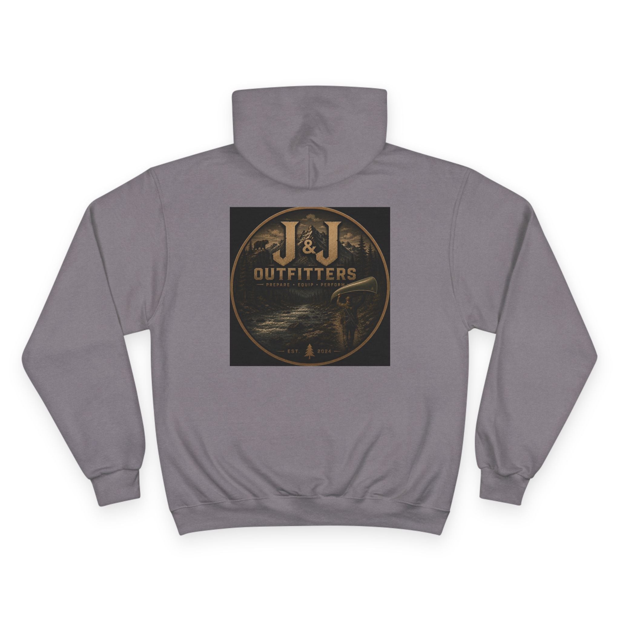 J&J Outfitters Champion Hoodie — Vintage Outdoor Fishing Logo Pullover