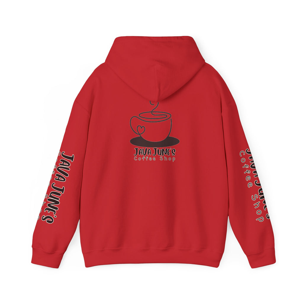 Java June's Coffee Shop Hoodie — White Logo Pullover with Back Cup Design