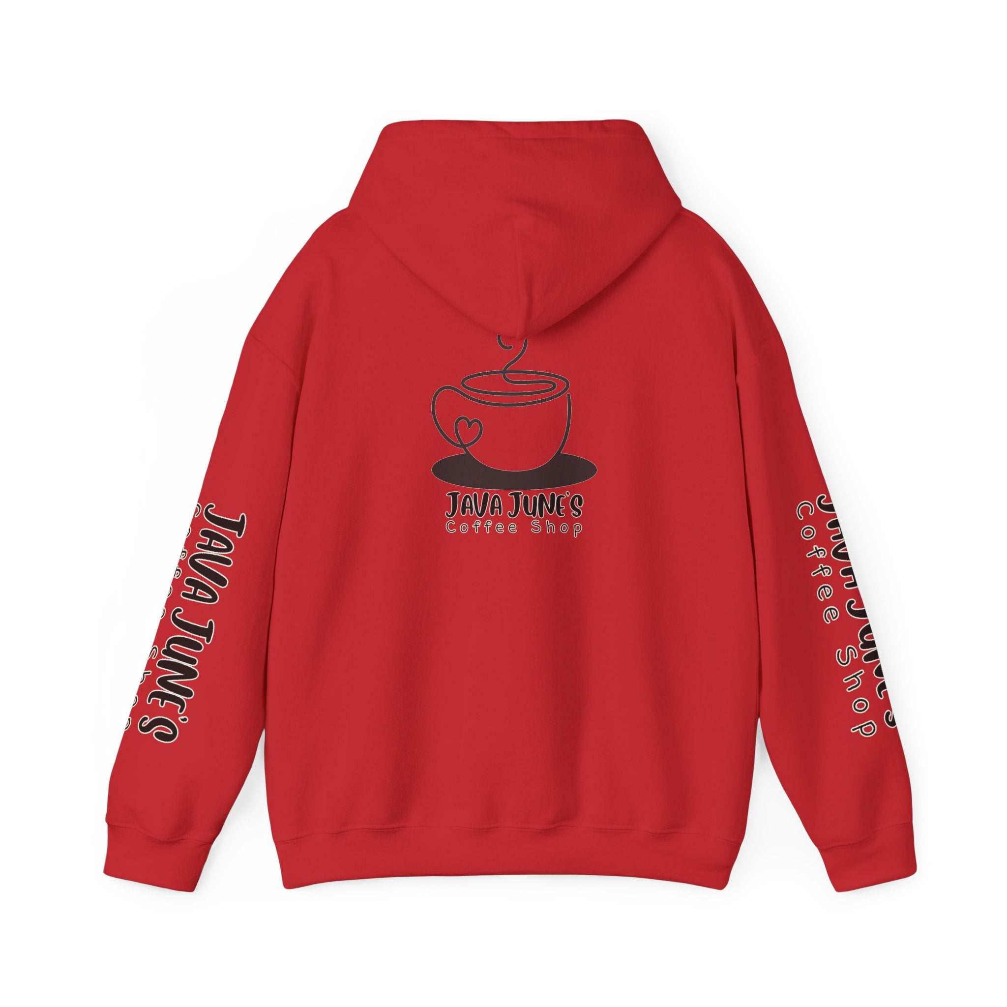 Java June's Coffee Shop Hoodie — White Logo Pullover with Back Cup Design