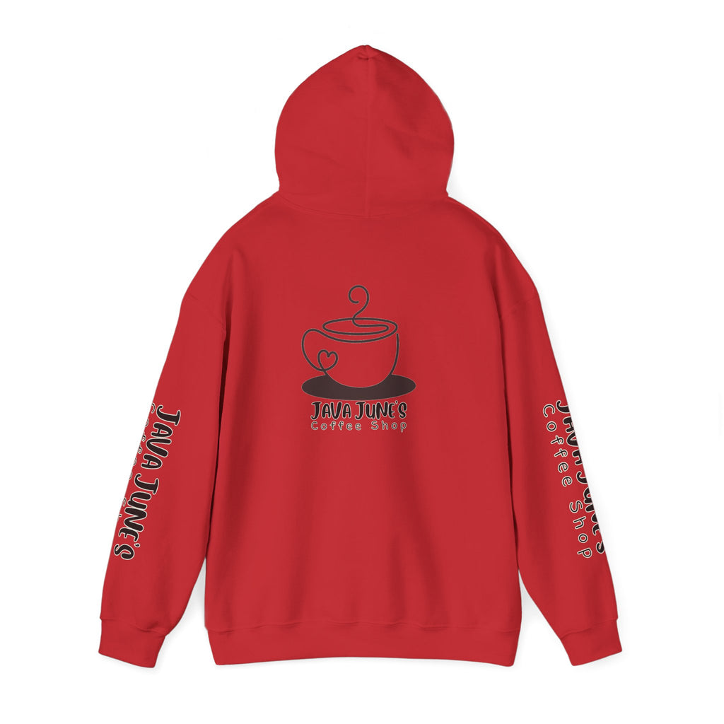 Java June's Coffee Shop Hoodie — White Logo Pullover with Back Cup Design