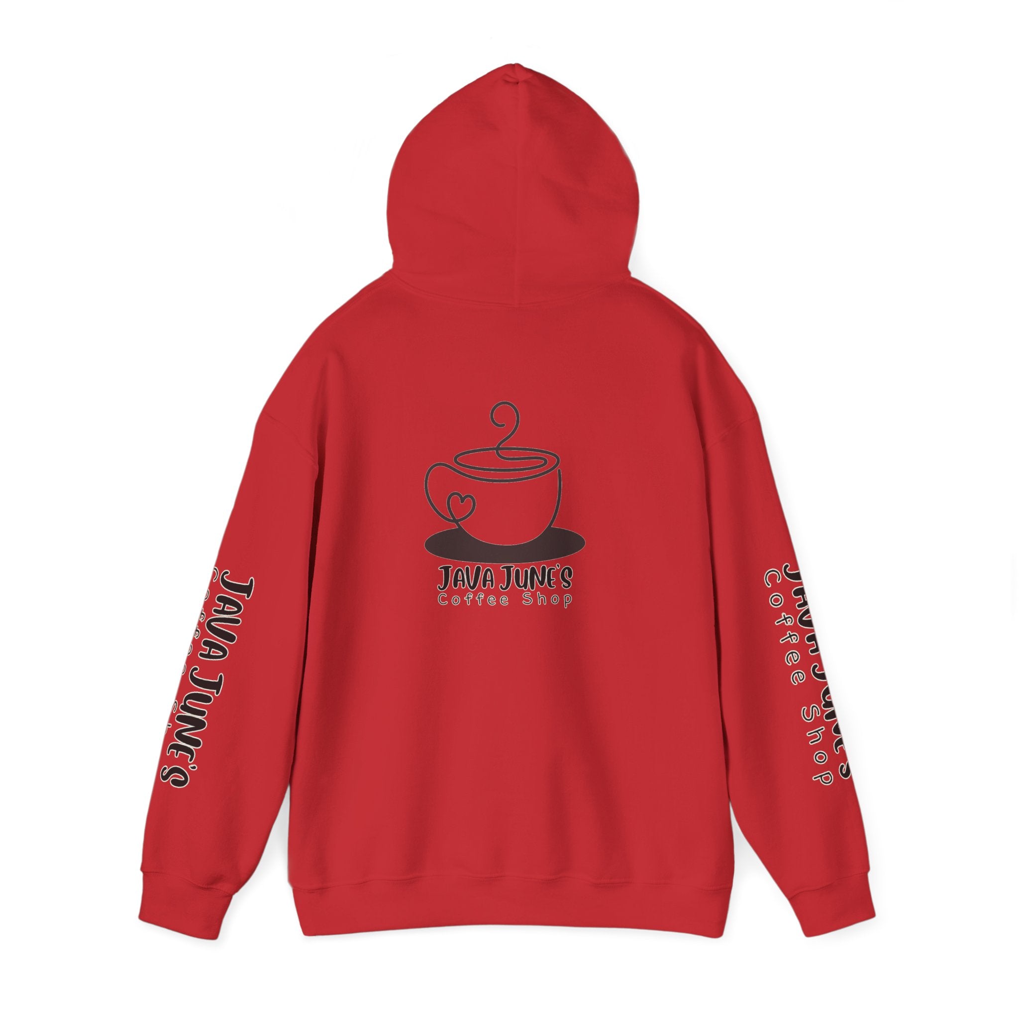 Java June's Coffee Shop Hoodie — White Logo Pullover with Back Cup Design