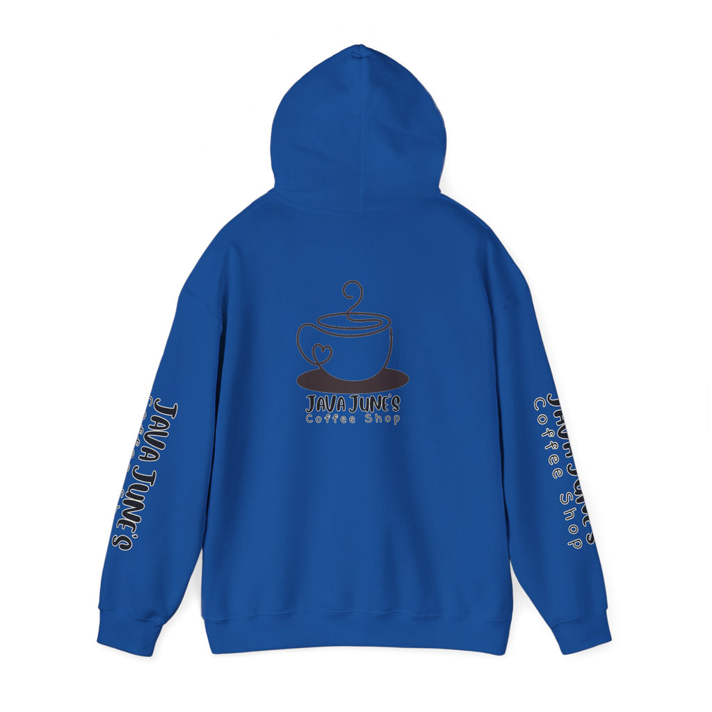 Java June's Coffee Shop Hoodie — White Logo Pullover with Back Cup Design