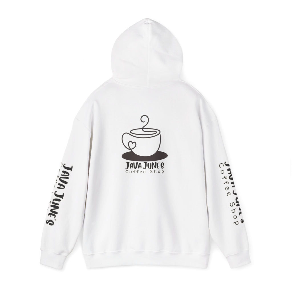 Java June's Coffee Shop Hoodie — White Logo Pullover with Back Cup Design