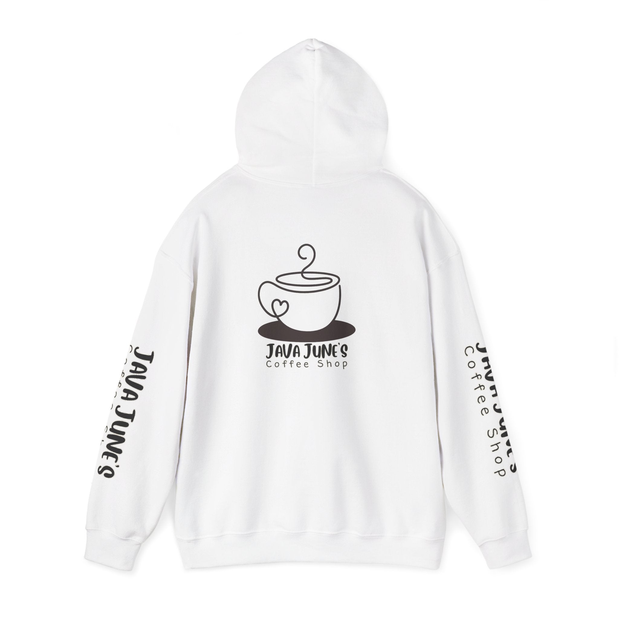 Java June's Coffee Shop Hoodie — White Logo Pullover with Back Cup Design
