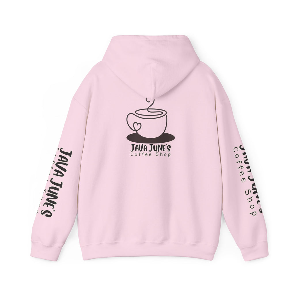 Java June's Coffee Shop Hoodie — White Logo Pullover with Back Cup Design