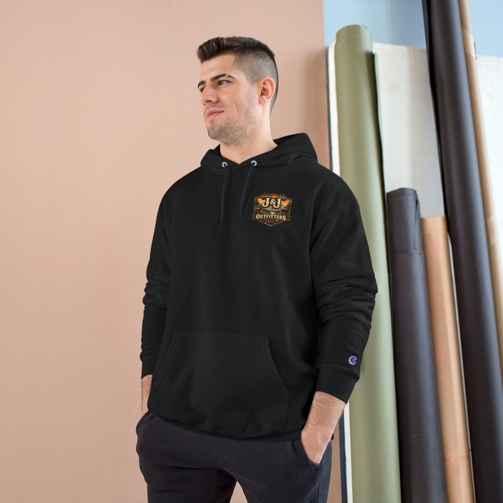J&J Outfitters Champion Hoodie — Vintage Outdoor Fishing Logo Pullover